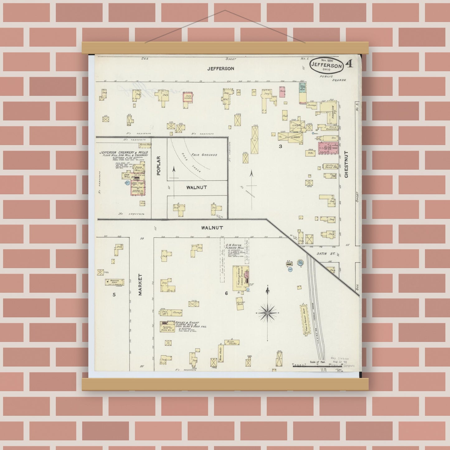 Old map wall art mockup — magnetic wood frame on brick wall — Sanborn Fire Insurance Map from Jefferson, Ashtabula County, Ohio (1890), Sheet #0004