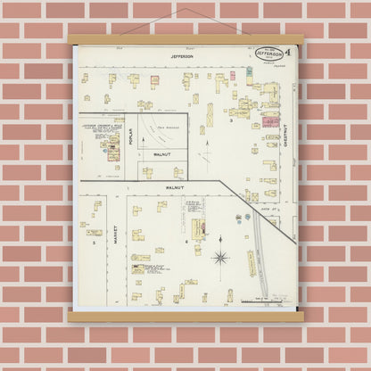 Old map wall art mockup — magnetic wood frame on brick wall — Sanborn Fire Insurance Map from Jefferson, Ashtabula County, Ohio (1890), Sheet #0004