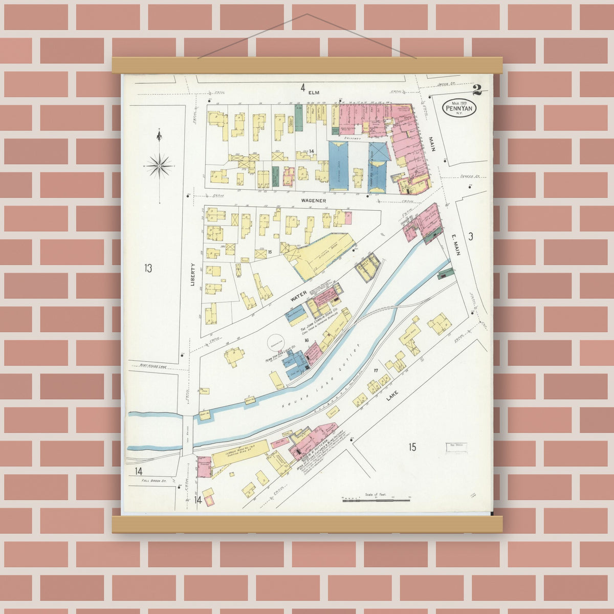 Old map wall art mockup — magnetic wood frame on brick wall — Sanborn Fire Insurance Map from Penn Yan, Yates County, New York (1909) - Complete Map Set