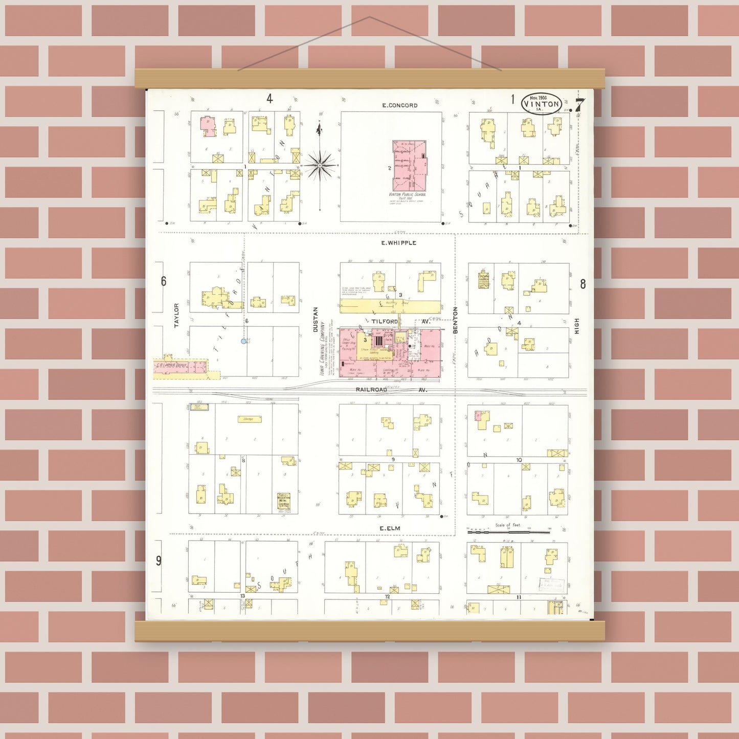 Old map wall art mockup — magnetic wood frame on brick wall — Sanborn Fire Insurance Map from Vinton, Benton County, Iowa (1906), Sheet #0007