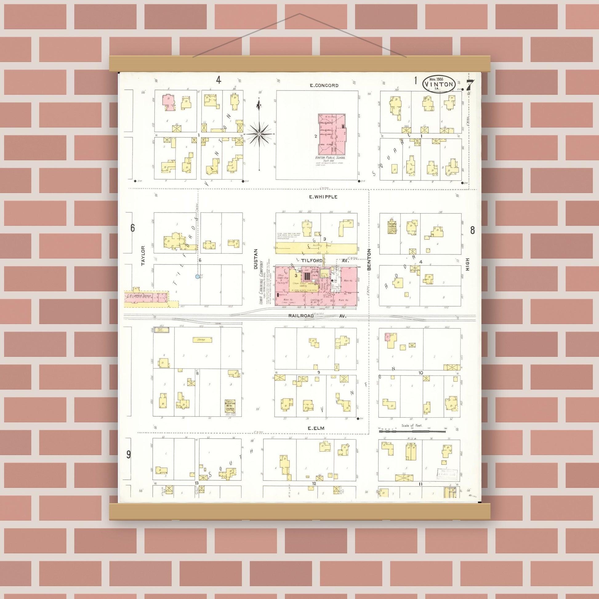 Old map wall art mockup — magnetic wood frame on brick wall — Sanborn Fire Insurance Map from Vinton, Benton County, Iowa (1906), Sheet #0007