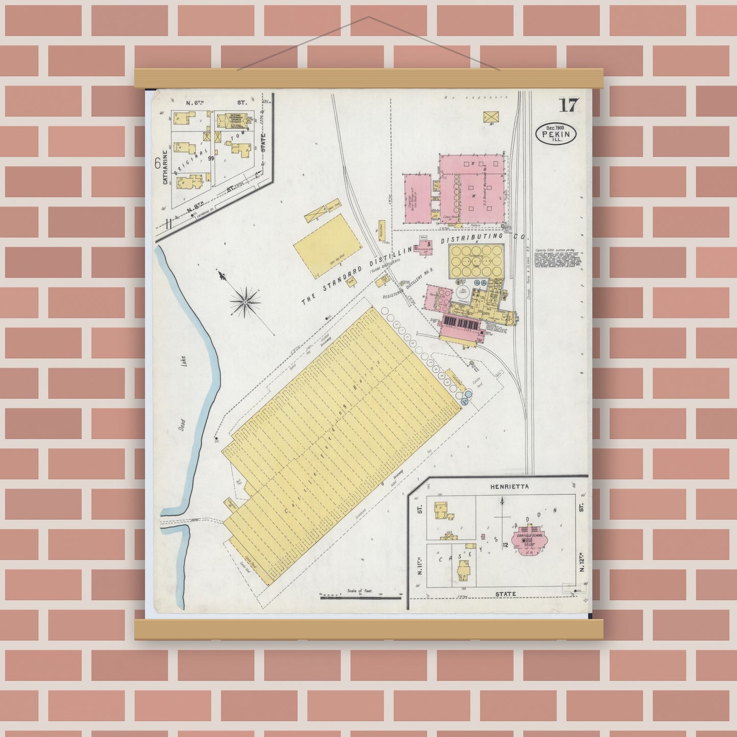 Old map wall art mockup — magnetic wood frame on brick wall — Sanborn Fire Insurance Map from Pekin, Tazewell County, Illinois (1903), Sheet #0017