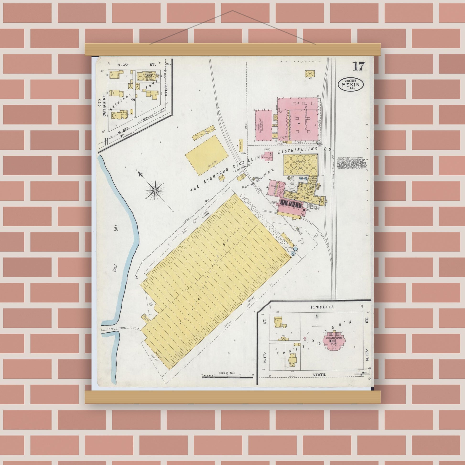 Old map wall art mockup — magnetic wood frame on brick wall — Sanborn Fire Insurance Map from Pekin, Tazewell County, Illinois (1903), Sheet #0017
