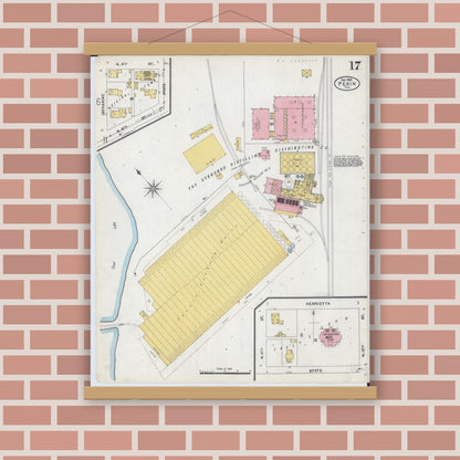 Old map wall art mockup — magnetic wood frame on brick wall — Sanborn Fire Insurance Map from Pekin, Tazewell County, Illinois (1903), Sheet #0017