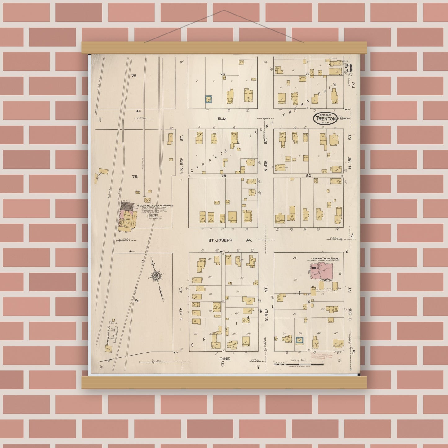 Old map wall art mockup — magnetic wood frame on brick wall — Sanborn Fire Insurance Map from Trenton, Wayne County, Michigan (1922), Sheet #0003