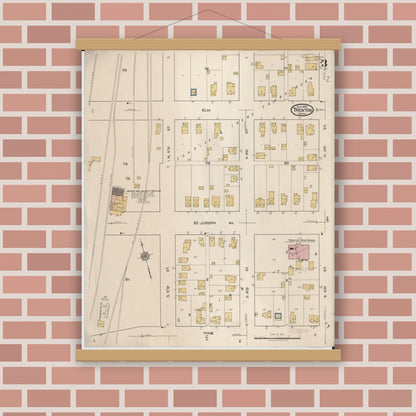 Old map wall art mockup — magnetic wood frame on brick wall — Sanborn Fire Insurance Map from Trenton, Wayne County, Michigan (1922), Sheet #0003