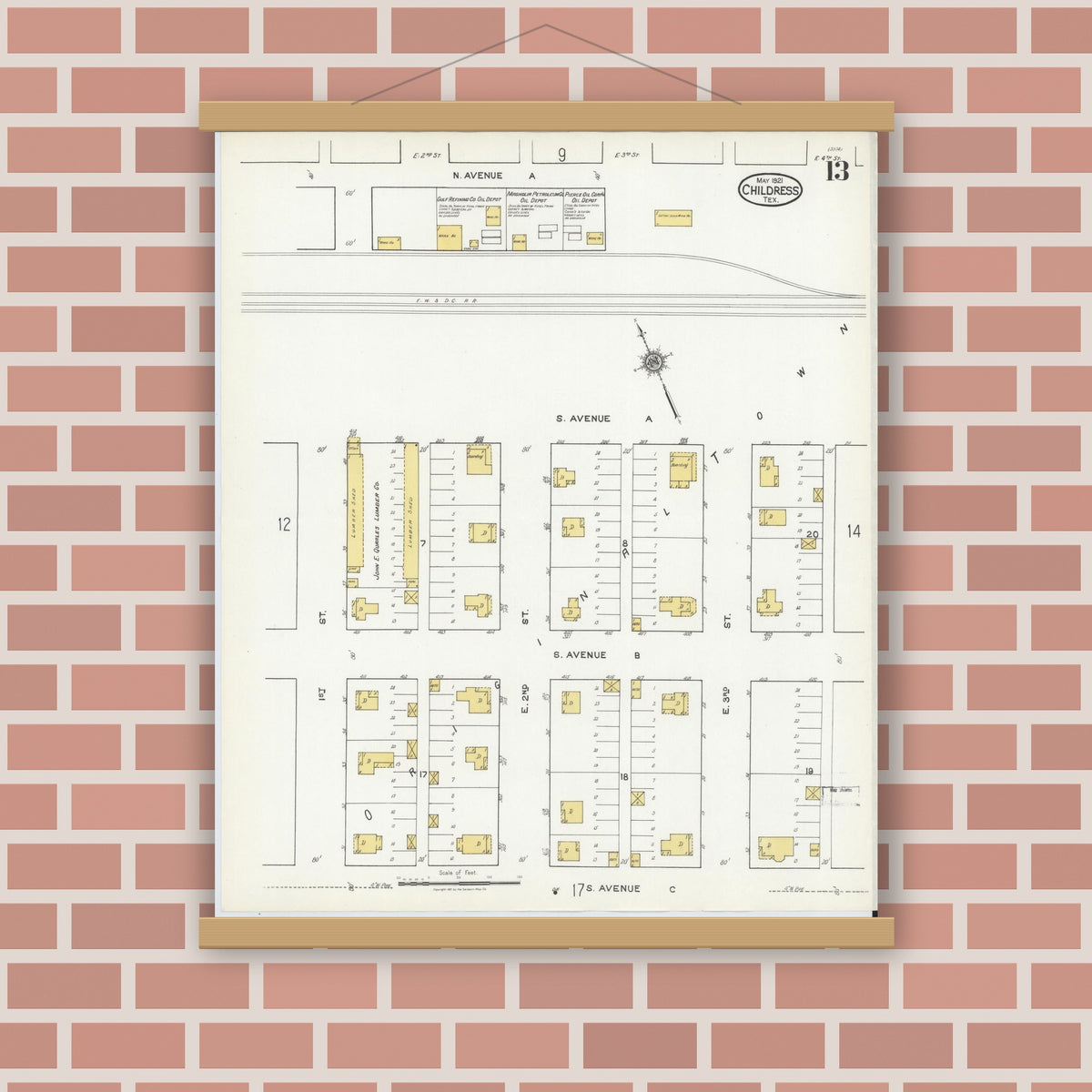Old map wall art mockup — magnetic wood frame on brick wall — Sanborn Fire Insurance Map from Childress, Childress County, Texas (1921), Sheet #0013