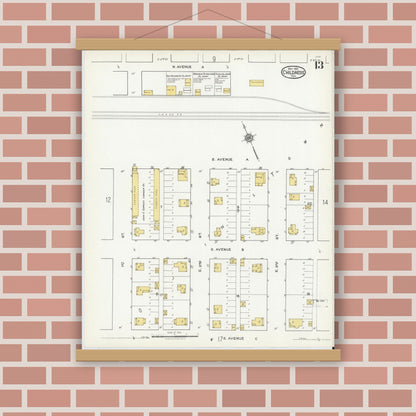 Old map wall art mockup — magnetic wood frame on brick wall — Sanborn Fire Insurance Map from Childress, Childress County, Texas (1921), Sheet #0013