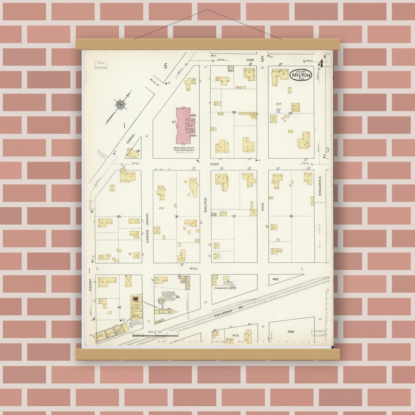 Old map wall art mockup — magnetic wood frame on brick wall — Sanborn Fire Insurance Map from Milton, Santa Rosa County, Florida (1917), Sheet #0004