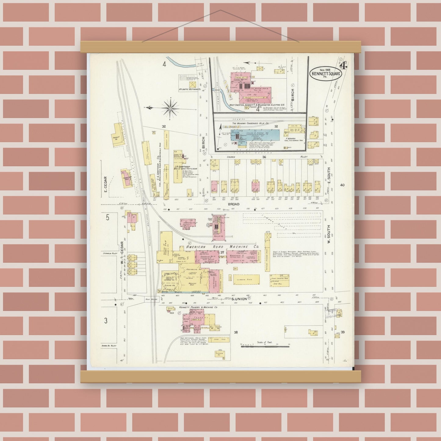 Old map wall art mockup — magnetic wood frame on brick wall — Sanborn Fire Insurance Map from Kennett Square, Chester County, Pennsylvania (1908), Sheet #0004