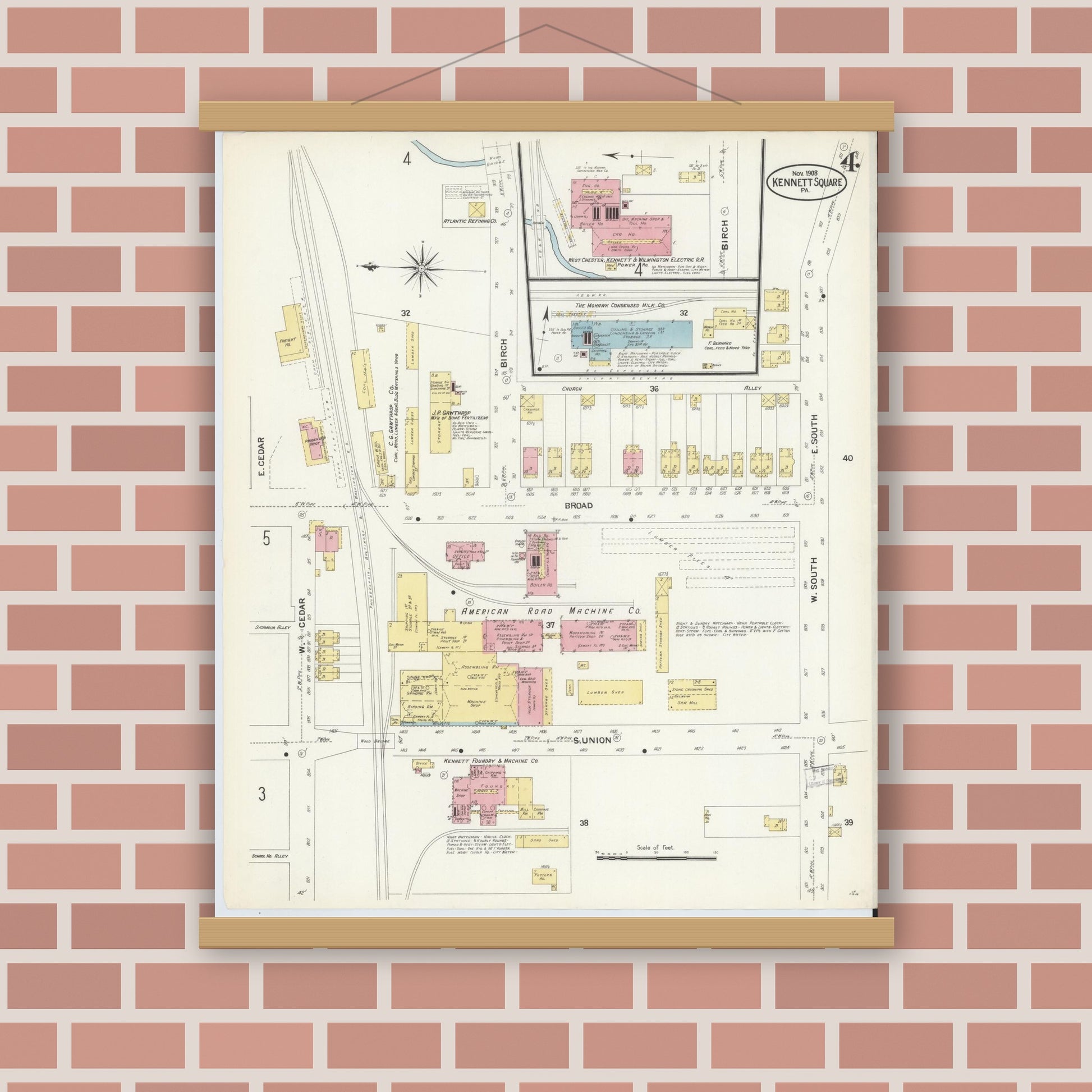 Old map wall art mockup — magnetic wood frame on brick wall — Sanborn Fire Insurance Map from Kennett Square, Chester County, Pennsylvania (1908), Sheet #0004