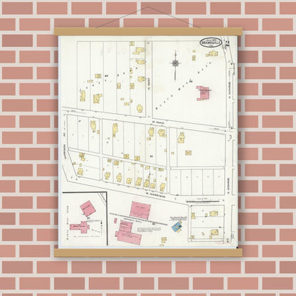 Old map wall art mockup — magnetic wood frame on brick wall — Sanborn Fire Insurance Map from Mooresville, Morgan County, Indiana (1920), Sheet #0002