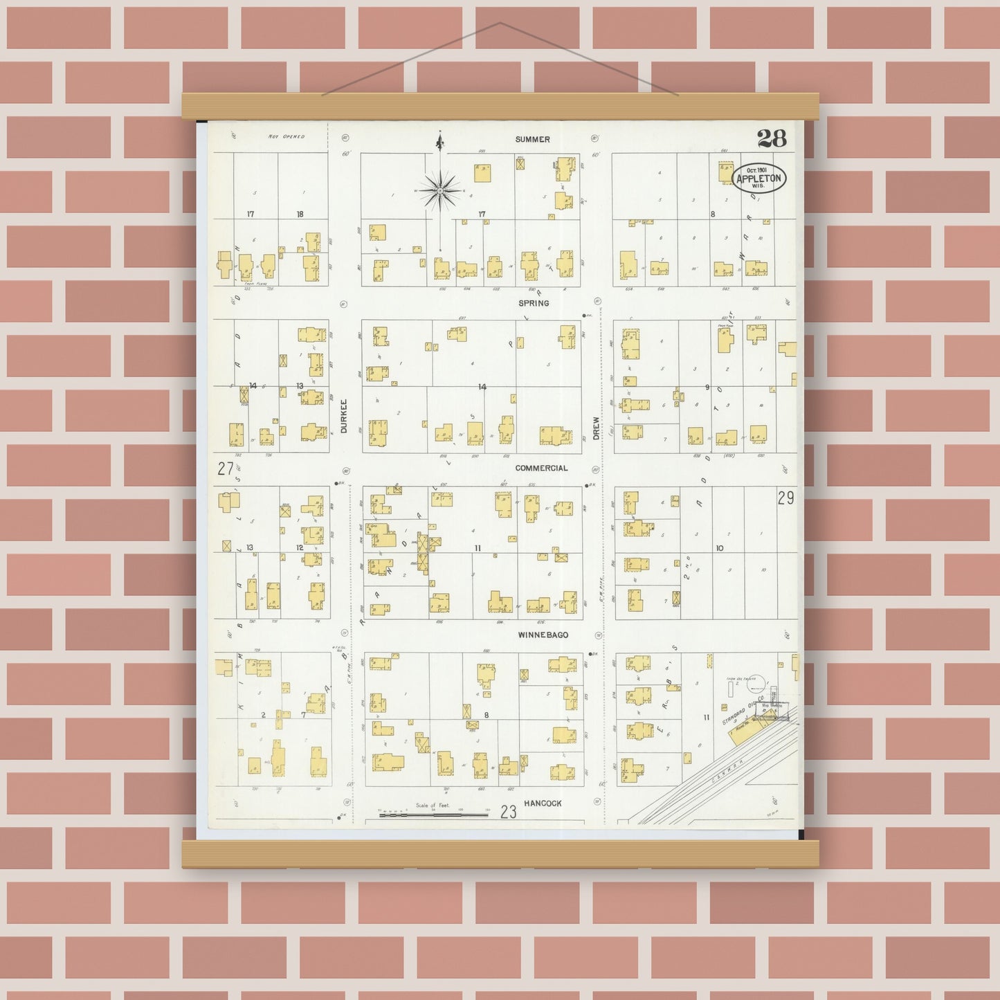 Old map wall art mockup — magnetic wood frame on brick wall — Sanborn Fire Insurance Map from Appleton, Outagamie County, Wisconsin (1901), Sheet #0028