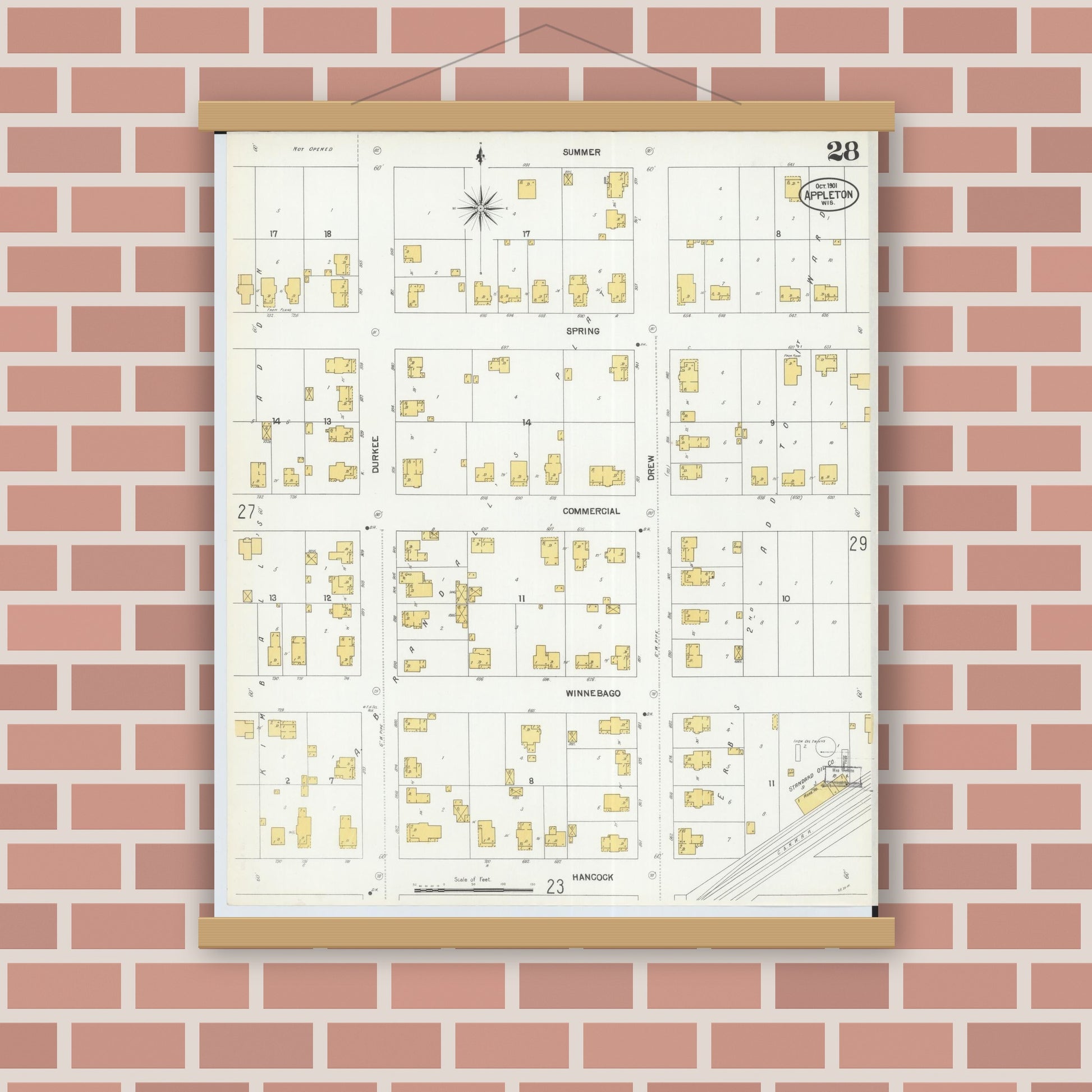 Old map wall art mockup — magnetic wood frame on brick wall — Sanborn Fire Insurance Map from Appleton, Outagamie County, Wisconsin (1901), Sheet #0028