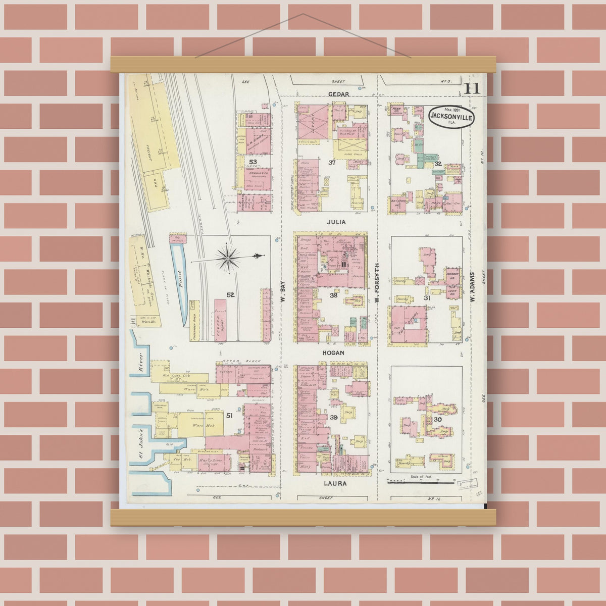 Old map wall art mockup — magnetic wood frame on brick wall — Sanborn Fire Insurance Map from Jacksonville, Duval County, Florida (1891), Sheet #0011