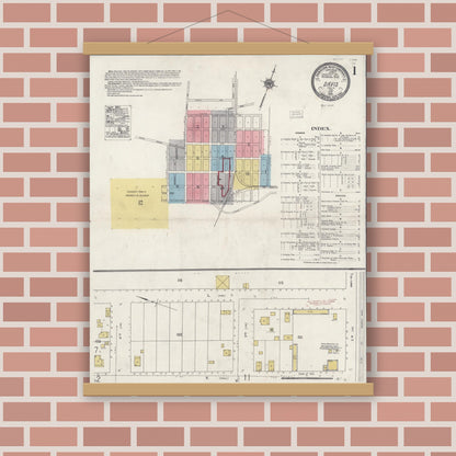 Old map wall art mockup — magnetic wood frame on brick wall — Sanborn Fire Insurance Map from Davis, Yolo County, California (1921), Sheet #0001