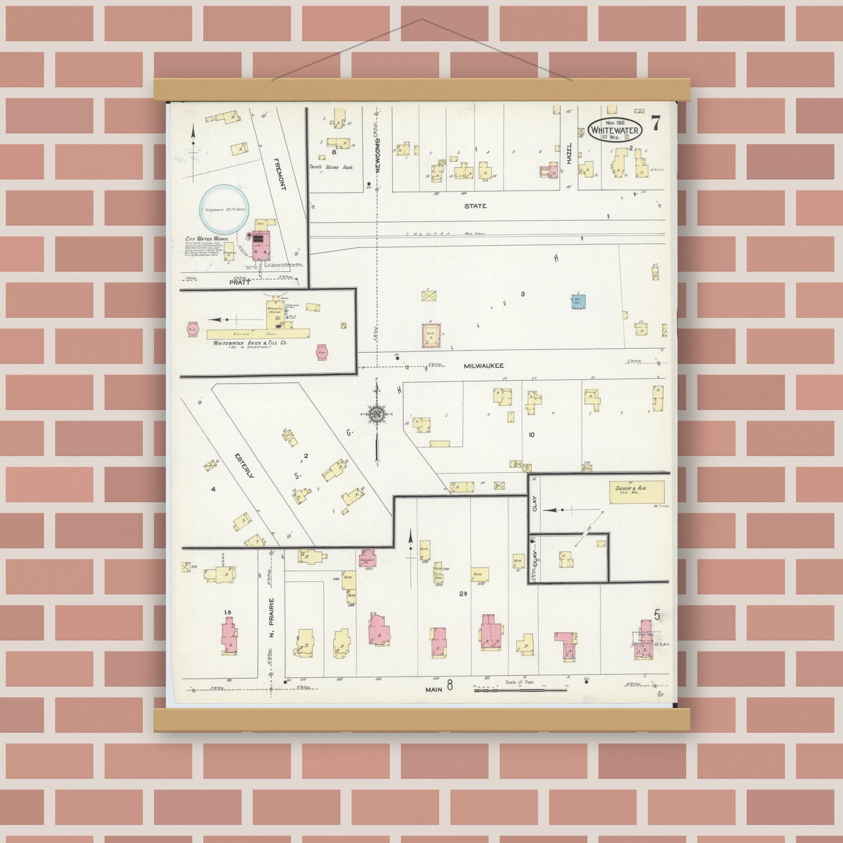Old map wall art mockup — magnetic wood frame on brick wall — Sanborn Fire Insurance Map from Whitewater, Walworth County, Wisconsin (1912), Sheet #0007