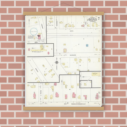 Old map wall art mockup — magnetic wood frame on brick wall — Sanborn Fire Insurance Map from Whitewater, Walworth County, Wisconsin (1912), Sheet #0007