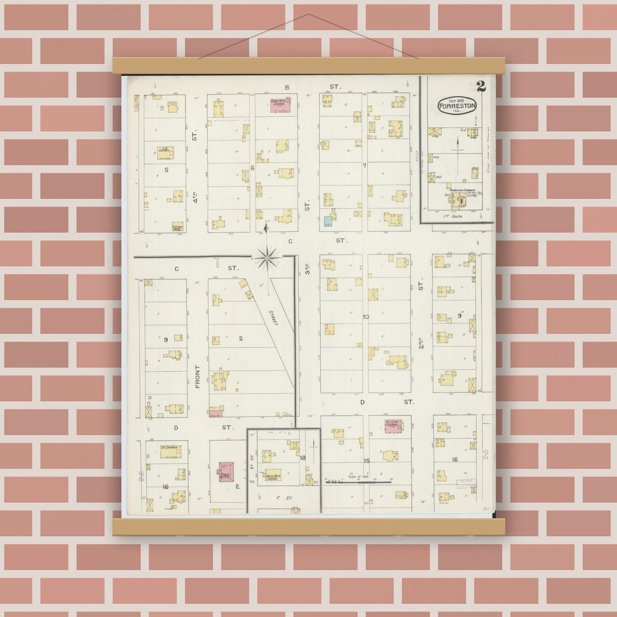Old map wall art mockup — magnetic wood frame on brick wall — Sanborn Fire Insurance Map from Forreston, Ogle County, Illinois (1893), Sheet #0002