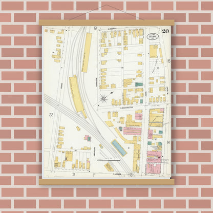 Old map wall art mockup — magnetic wood frame on brick wall — Sanborn Fire Insurance Map from Rome, Oneida County, New York (1899), Sheet #0020