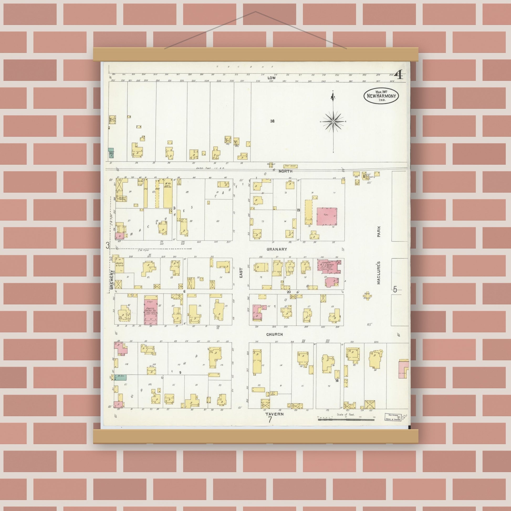 Old map wall art mockup — magnetic wood frame on brick wall — Sanborn Fire Insurance Map from New Harmony, Posey County, Indiana (1907), Sheet #0004
