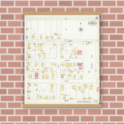 Old map wall art mockup — magnetic wood frame on brick wall — Sanborn Fire Insurance Map from New Harmony, Posey County, Indiana (1907), Sheet #0004