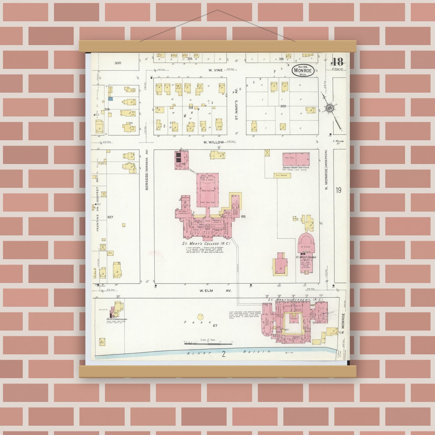 Old map wall art mockup — magnetic wood frame on brick wall — Sanborn Fire Insurance Map from Monroe, Monroe County, Michigan (1916), Sheet #0018