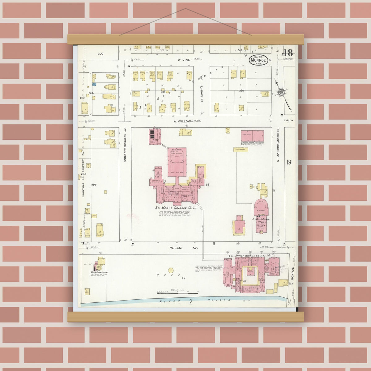 Old map wall art mockup — magnetic wood frame on brick wall — Sanborn Fire Insurance Map from Monroe, Monroe County, Michigan (1916), Sheet #0018