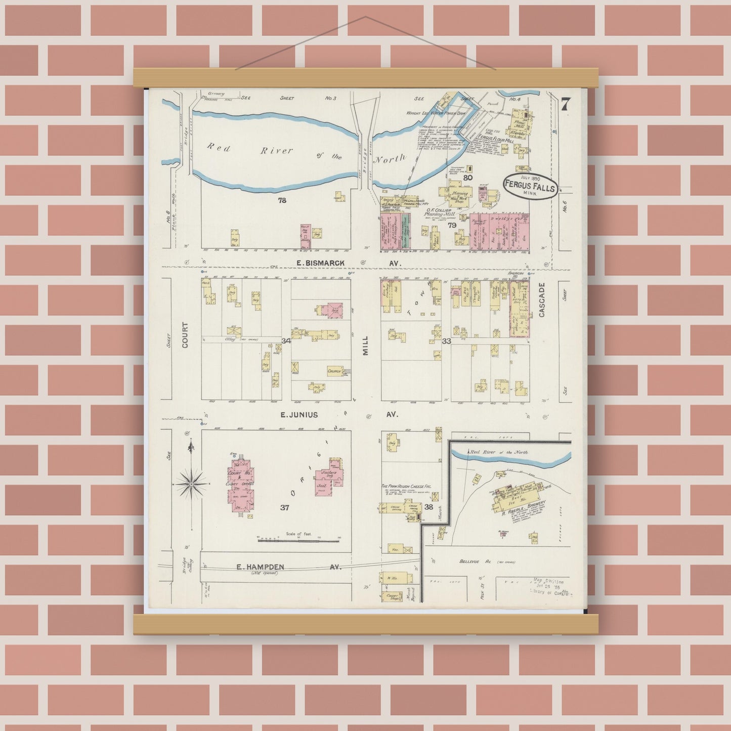 Old map wall art mockup — magnetic wood frame on brick wall — Sanborn Fire Insurance Map from Fergus Falls, Otter Tail County, Minnesota (1890), Sheet #0007
