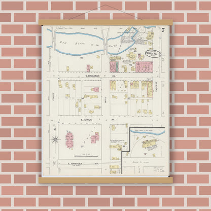 Old map wall art mockup — magnetic wood frame on brick wall — Sanborn Fire Insurance Map from Fergus Falls, Otter Tail County, Minnesota (1890), Sheet #0007