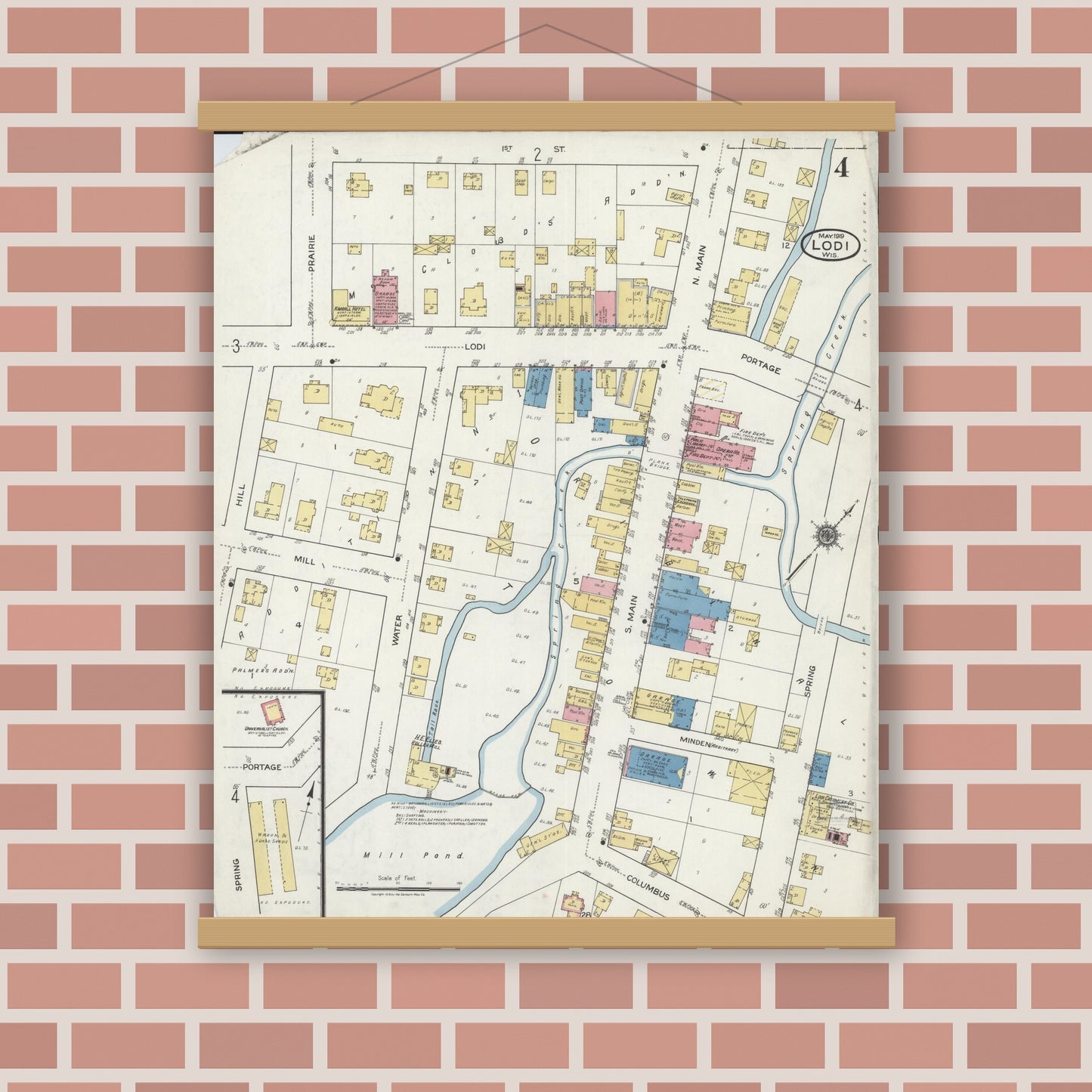 Old map wall art mockup — magnetic wood frame on brick wall — Sanborn Fire Insurance Map from Lodi, Columbia County, Wisconsin (1919), Sheet #0004
