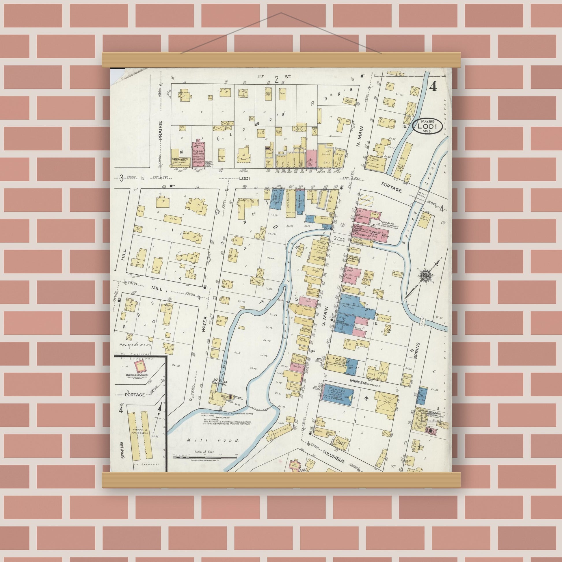 Old map wall art mockup — magnetic wood frame on brick wall — Sanborn Fire Insurance Map from Lodi, Columbia County, Wisconsin (1919), Sheet #0004