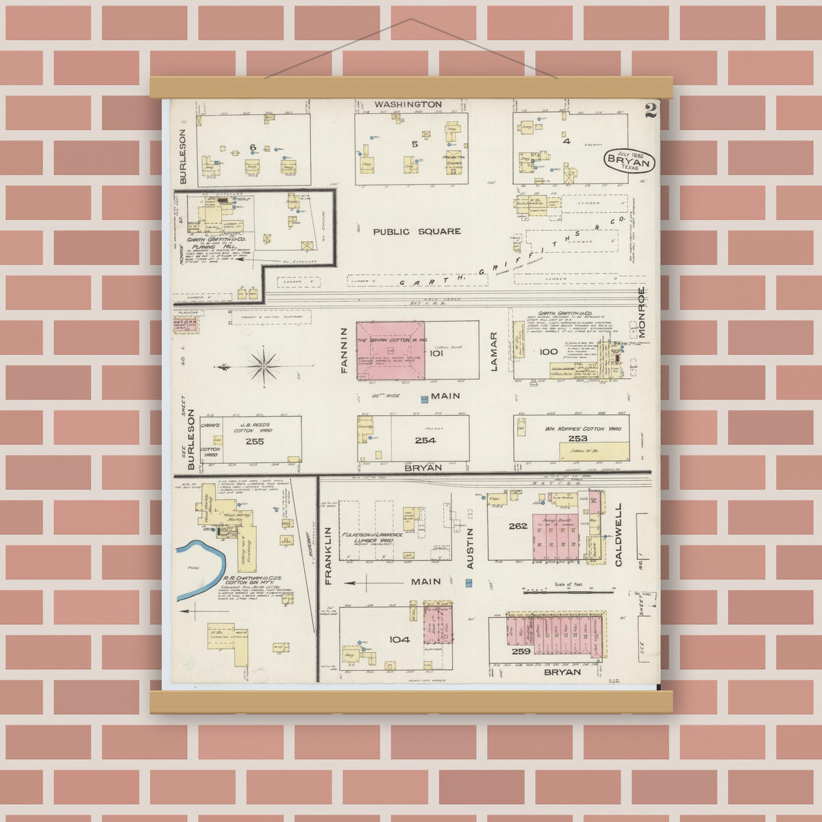Old map wall art mockup — magnetic wood frame on brick wall — Sanborn Fire Insurance Map from Bryan, Brazos County, Texas (1885), Sheet #0002