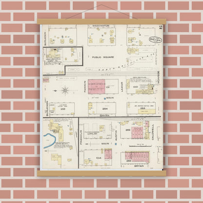 Old map wall art mockup — magnetic wood frame on brick wall — Sanborn Fire Insurance Map from Bryan, Brazos County, Texas (1885), Sheet #0002
