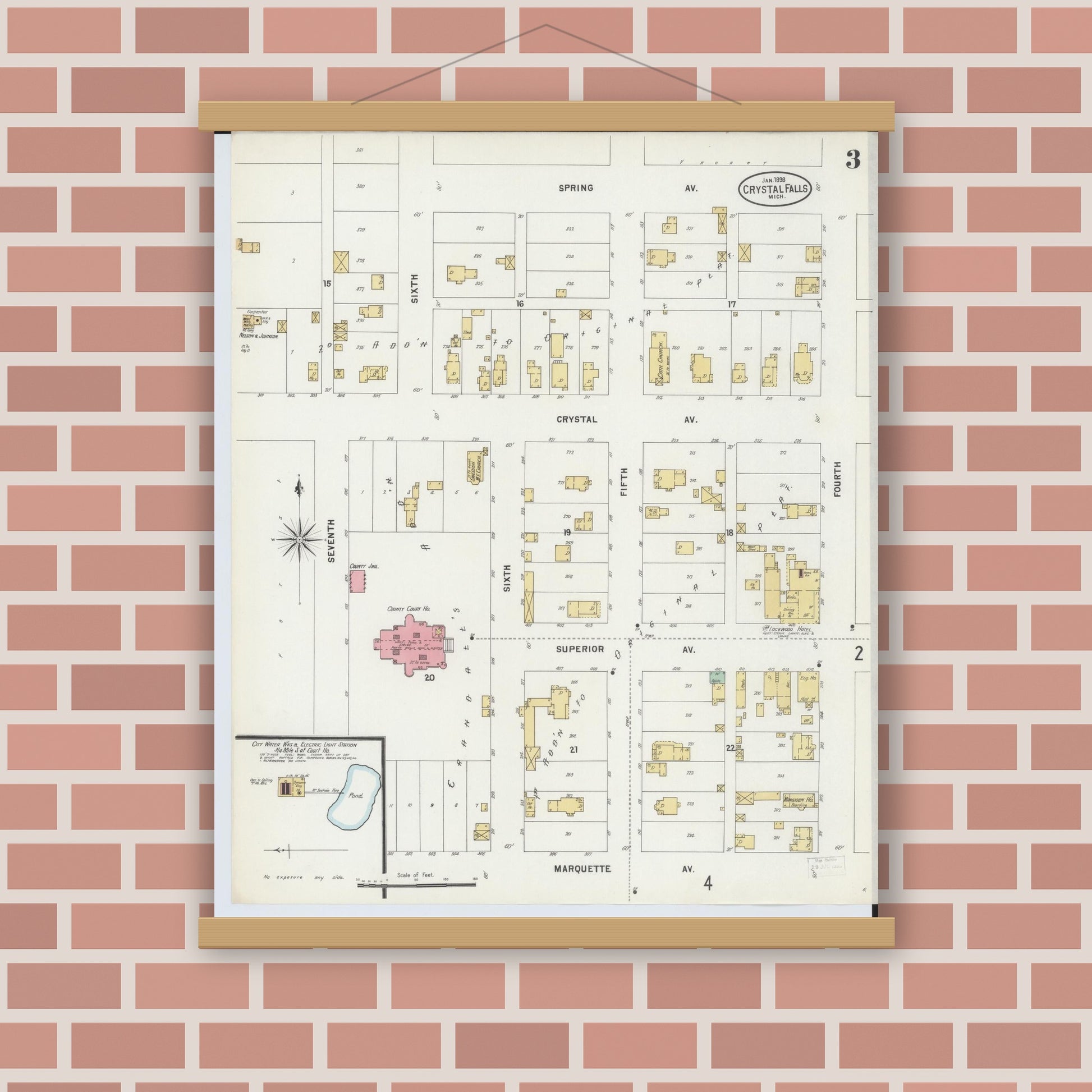Old map wall art mockup — magnetic wood frame on brick wall — Sanborn Fire Insurance Map from Crystal Falls, Iron County, Michigan (1898), Sheet #0003
