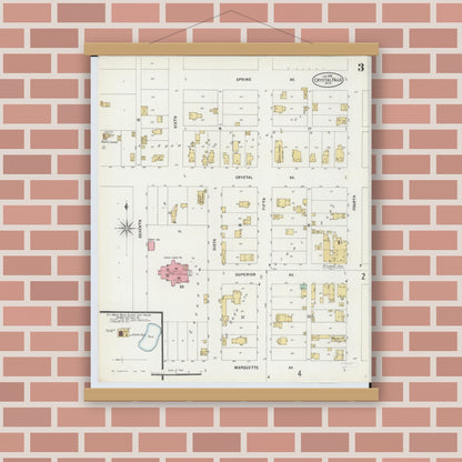 Old map wall art mockup — magnetic wood frame on brick wall — Sanborn Fire Insurance Map from Crystal Falls, Iron County, Michigan (1898), Sheet #0003