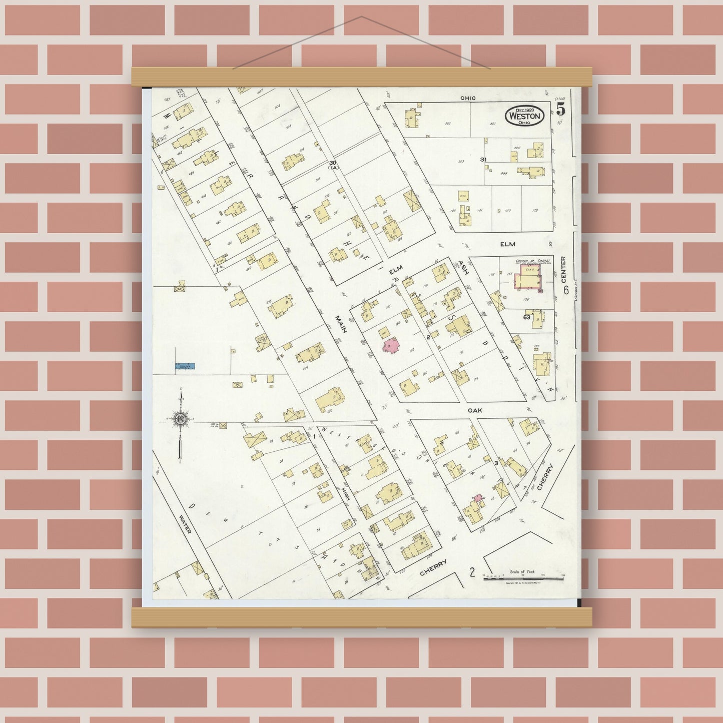 Old map wall art mockup — magnetic wood frame on brick wall — Sanborn Fire Insurance Map from Weston, Wood County, Ohio (1920), Sheet #0005