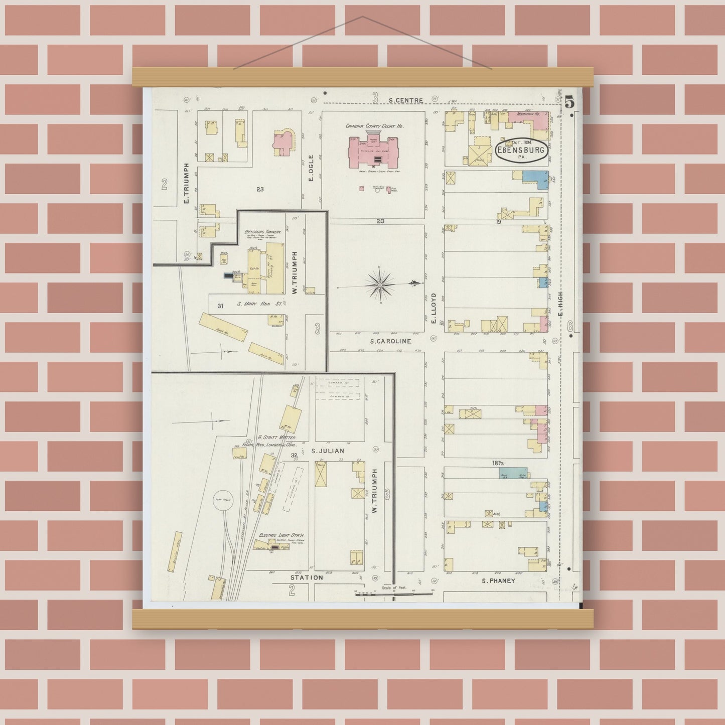 Old map wall art mockup — magnetic wood frame on brick wall — Sanborn Fire Insurance Map from Ebensburg, Cambria County, Pennsylvania (1894), Sheet #0005