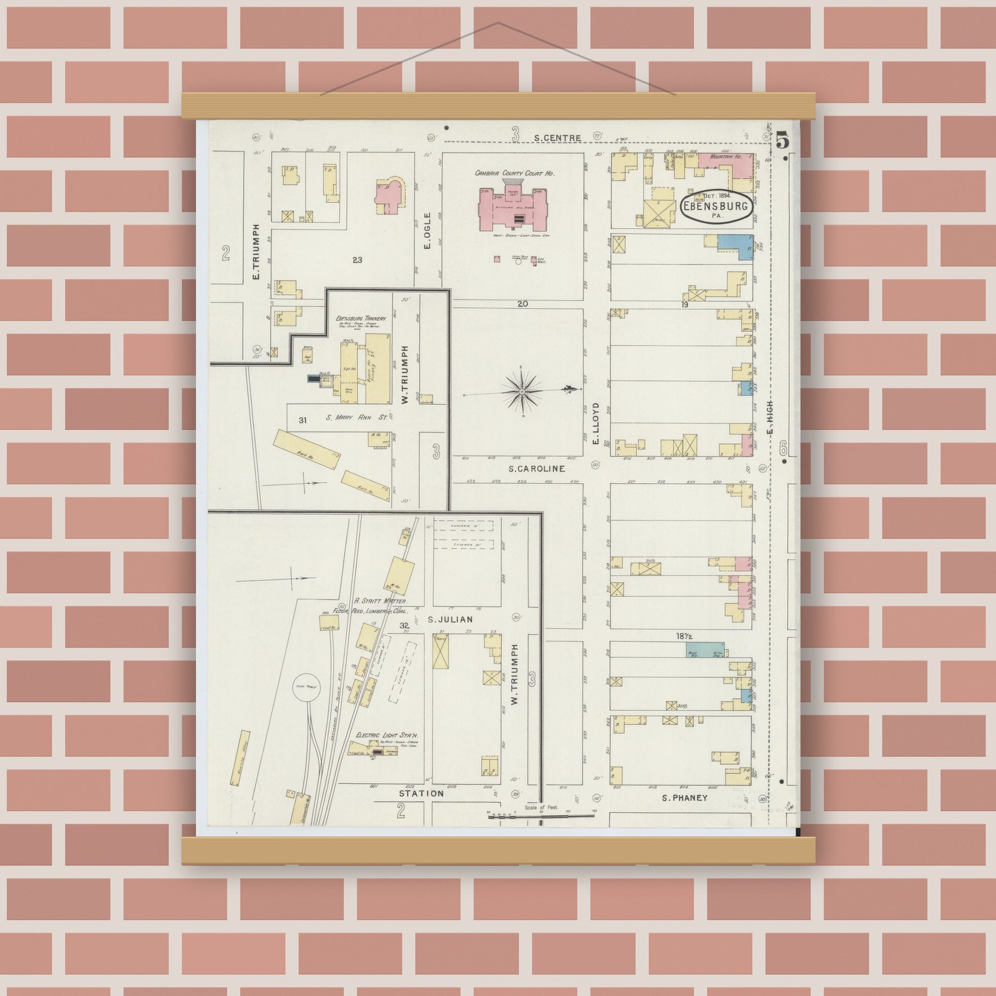 Old map wall art mockup — magnetic wood frame on brick wall — Sanborn Fire Insurance Map from Ebensburg, Cambria County, Pennsylvania (1894), Sheet #0005