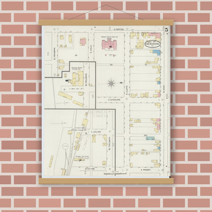 Old map wall art mockup — magnetic wood frame on brick wall — Sanborn Fire Insurance Map from Ebensburg, Cambria County, Pennsylvania (1894), Sheet #0005