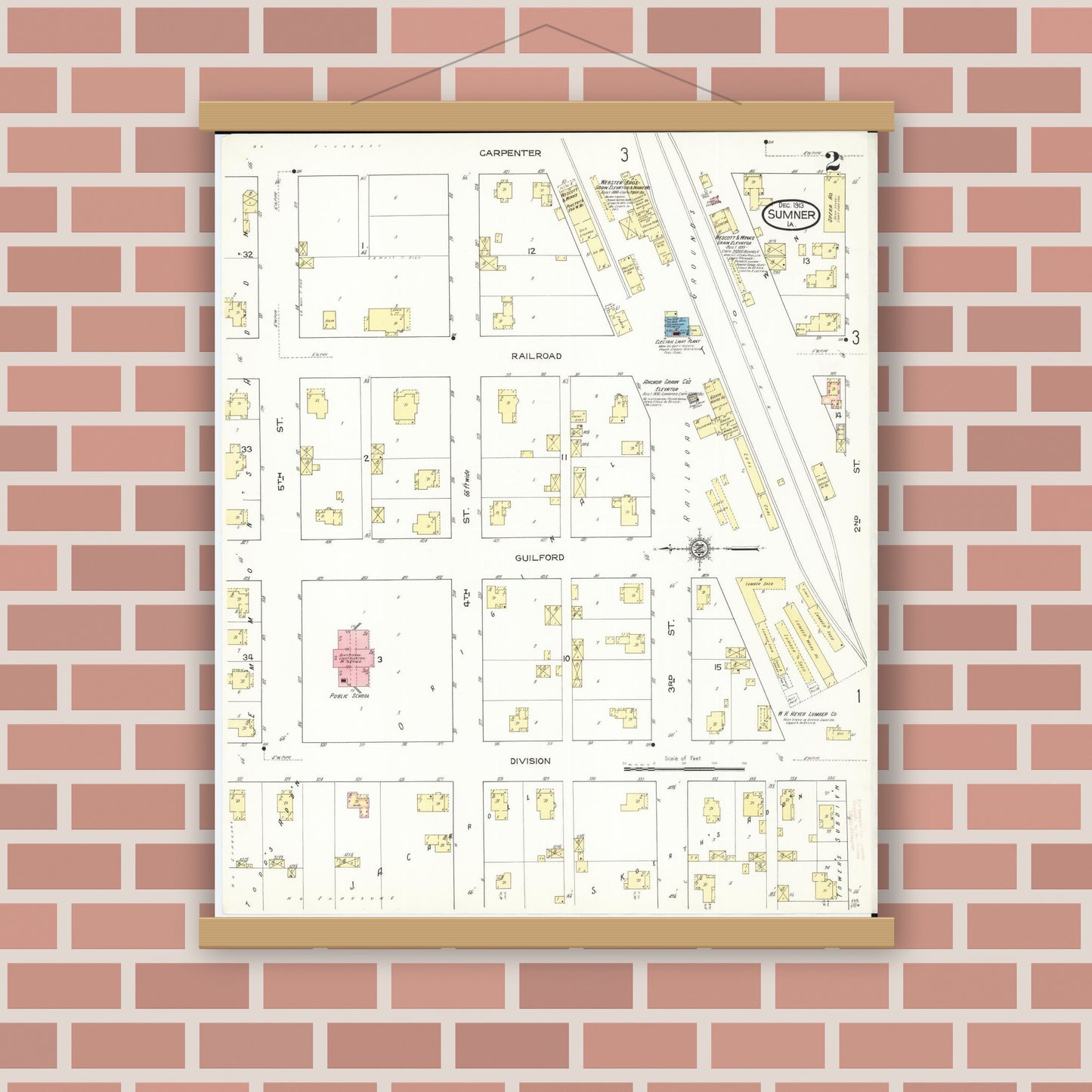 Old map wall art mockup — magnetic wood frame on brick wall — Sanborn Fire Insurance Map from Sumner, Bremer County, Iowa (1913), Sheet #0002