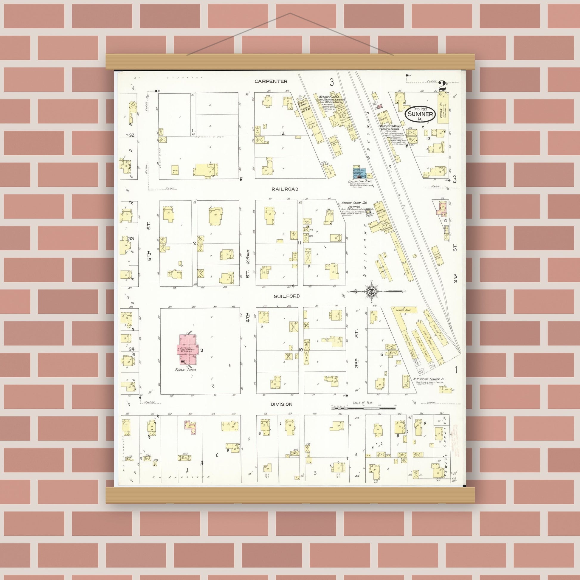 Old map wall art mockup — magnetic wood frame on brick wall — Sanborn Fire Insurance Map from Sumner, Bremer County, Iowa (1913), Sheet #0002