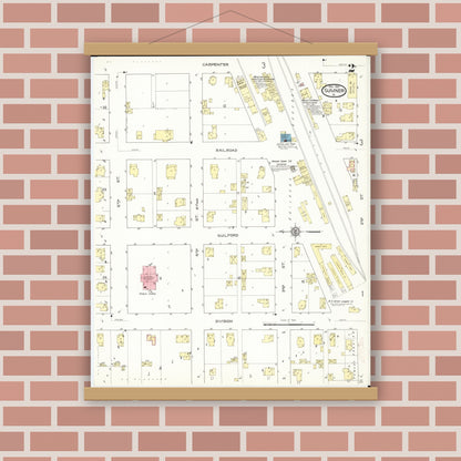 Old map wall art mockup — magnetic wood frame on brick wall — Sanborn Fire Insurance Map from Sumner, Bremer County, Iowa (1913), Sheet #0002