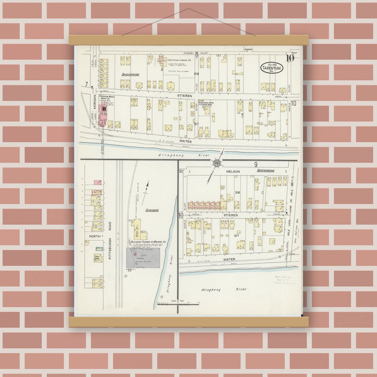 Old map wall art mockup — magnetic wood frame on brick wall — Sanborn Fire Insurance Map from Tarentum, Allegheny County, Pennsylvania (1914), Sheet #0010