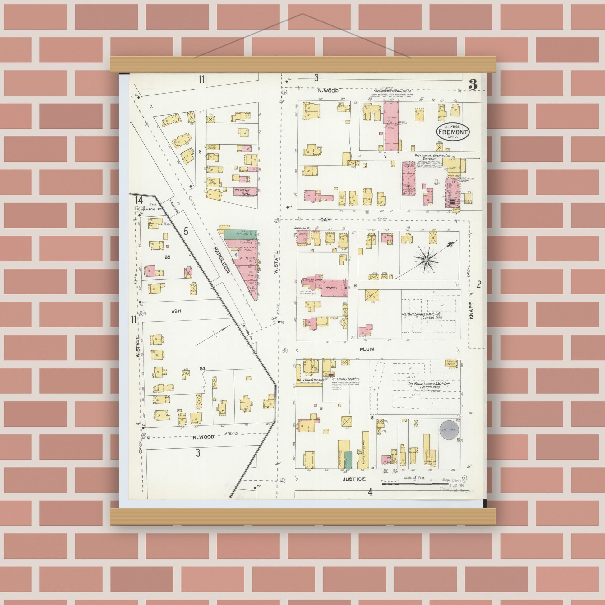 Old map wall art mockup — magnetic wood frame on brick wall — Sanborn Fire Insurance Map from Fremont, Sandusky County, Ohio (1904), Sheet #0003