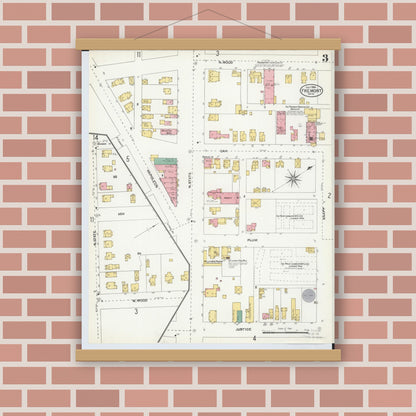Old map wall art mockup — magnetic wood frame on brick wall — Sanborn Fire Insurance Map from Fremont, Sandusky County, Ohio (1904), Sheet #0003