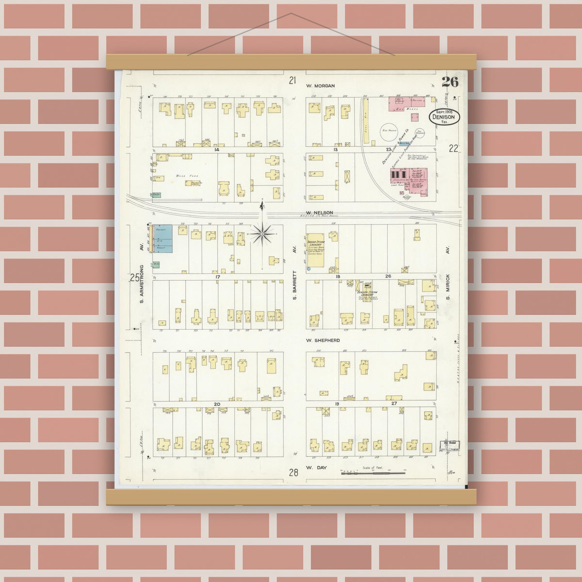 Old map wall art mockup — magnetic wood frame on brick wall — Sanborn Fire Insurance Map from Denison, Grayson County, Texas (1908), Sheet #0026