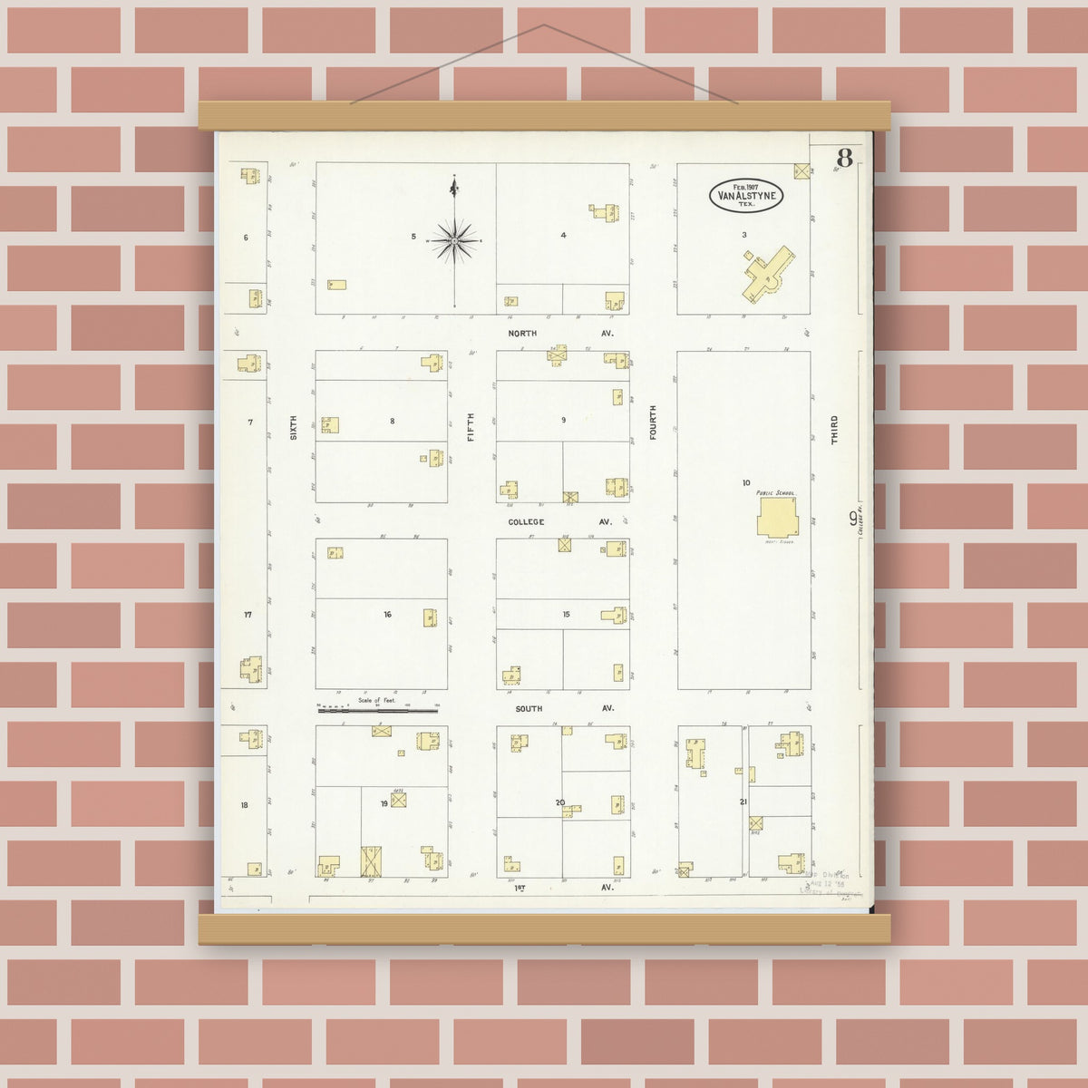 Old map wall art mockup — magnetic wood frame on brick wall — Sanborn Fire Insurance Map from Van Alstyne, Grayson County, Texas (1907), Sheet #0008