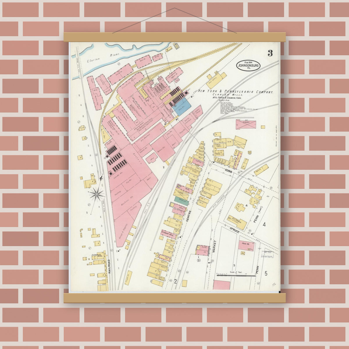 Old map wall art mockup — magnetic wood frame on brick wall — Sanborn Fire Insurance Map from Johnsonburg, Elk County, Pennsylvania (1904), Sheet #0003