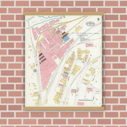 Old map wall art mockup — magnetic wood frame on brick wall — Sanborn Fire Insurance Map from Johnsonburg, Elk County, Pennsylvania (1904), Sheet #0003